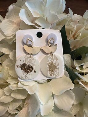 Gold Accent White Marbled Drop Earrings